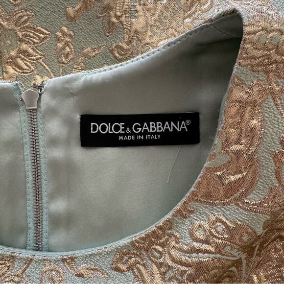 NWT Dolce & Gabbana Brocade Short-Sleeve Mini Dress in Mint Green Gold 46 US 10 - Picture 6 of 12